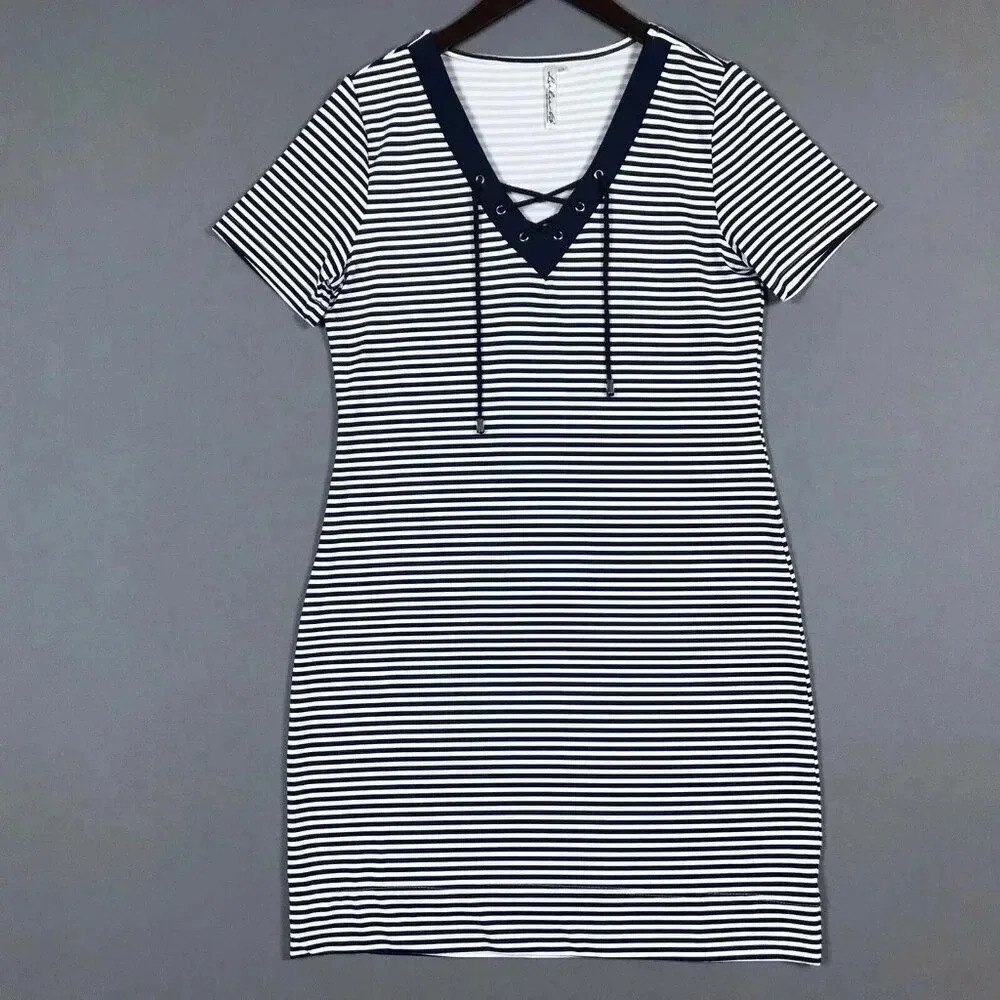 Lulu B Dress Size XS Navy Blue White Stripe V-Neck Short Sleeve Nylon Stretch